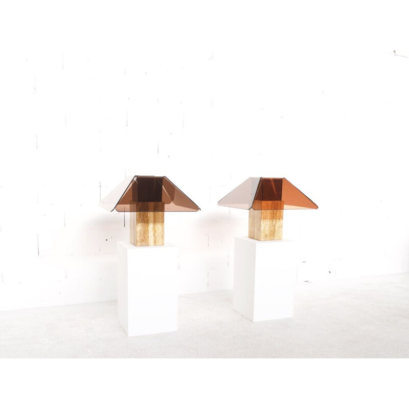 Pair of vintage travertine and plexiglass lamps, 1970s