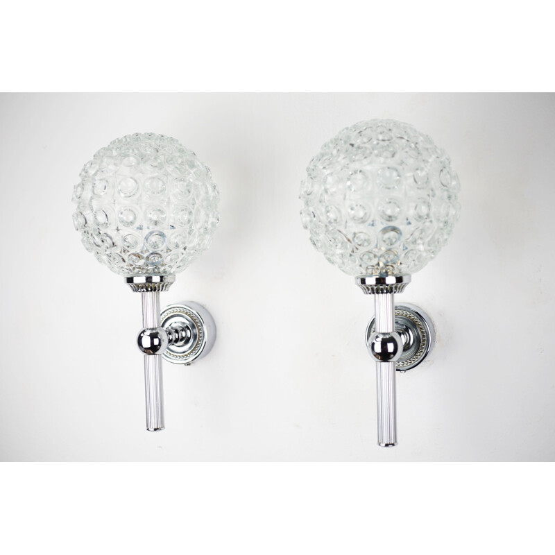 Pair of vintage wall lights with glass and chrome bubble, 1960s