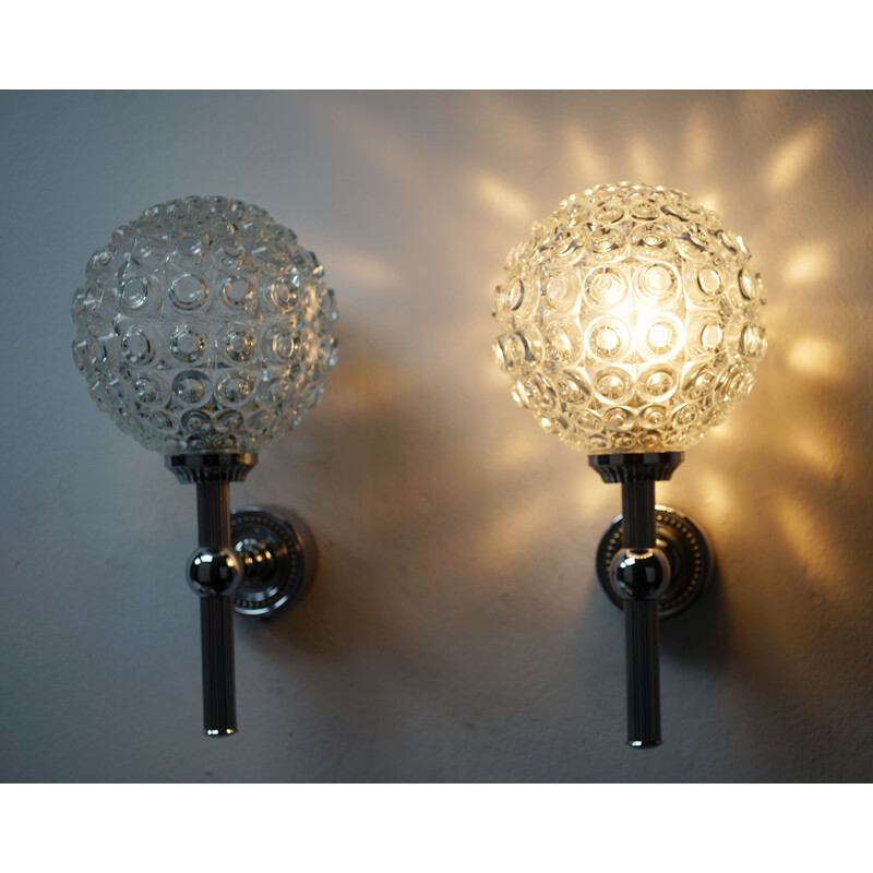 Pair of vintage wall lights with glass and chrome bubble, 1960s