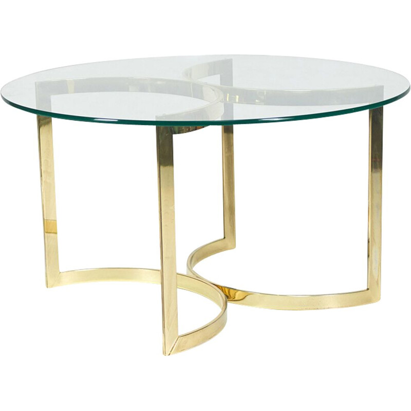 Vintage round dining table with glass and gold metal, 1970s