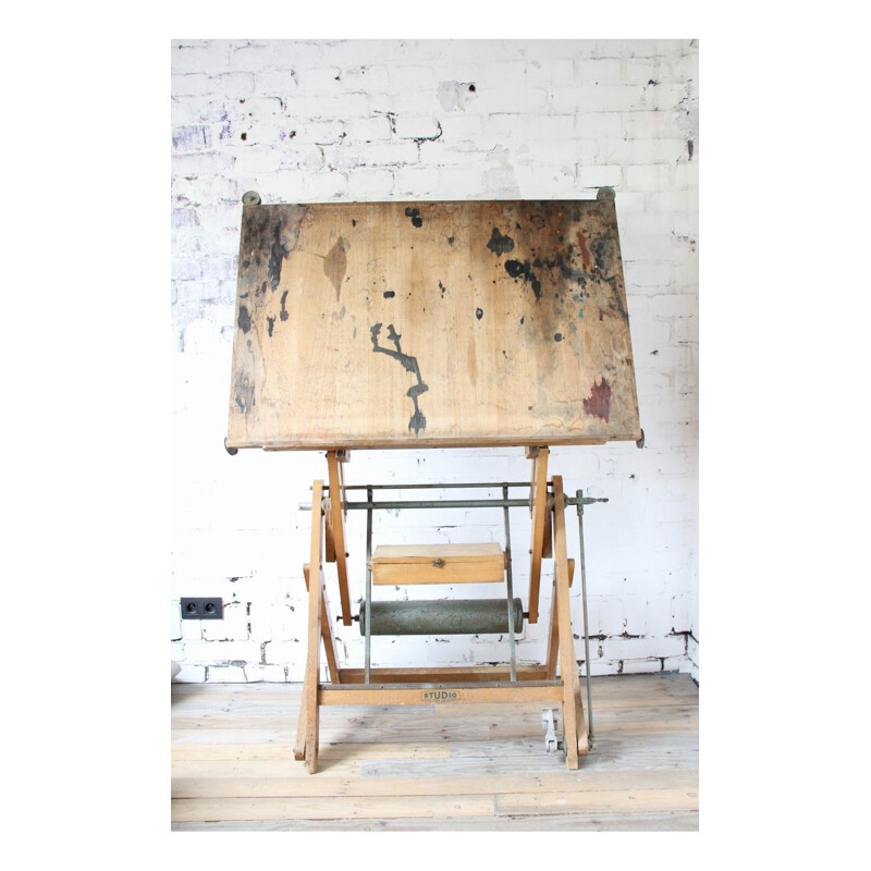 Vintage industrial drawing table in metal and wood, 1960s