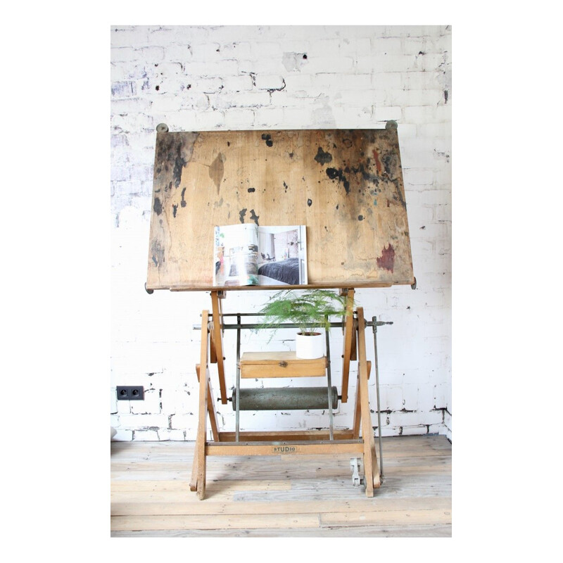 Vintage industrial drawing table in metal and wood, 1960s