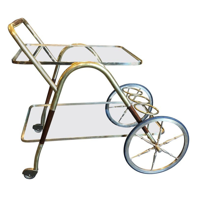 Vintage Brass and Wood Bar Cart, Italy, 1950s