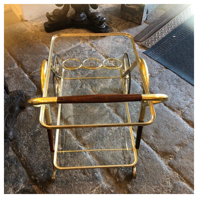 Vintage messing en houten bar cart, Italië, 1950