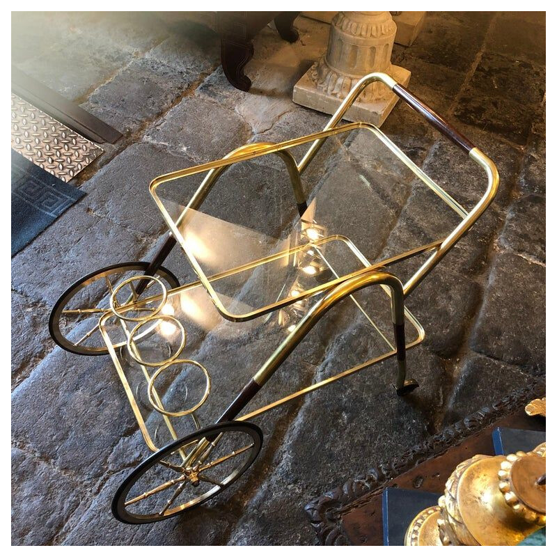 Vintage Brass and Wood Bar Cart, Italy, 1950s