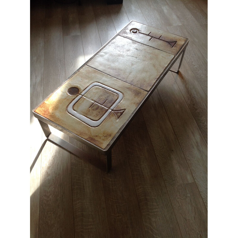 Vintage coffee table with ceramic tiles and chromed steel