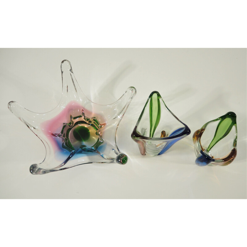 Set of 3 vintage glass bowls by Frantisek Zemek for Mstisov