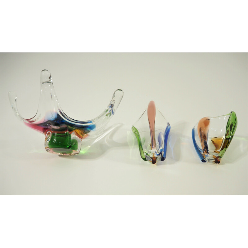 Set of 3 vintage glass bowls by Frantisek Zemek for Mstisov