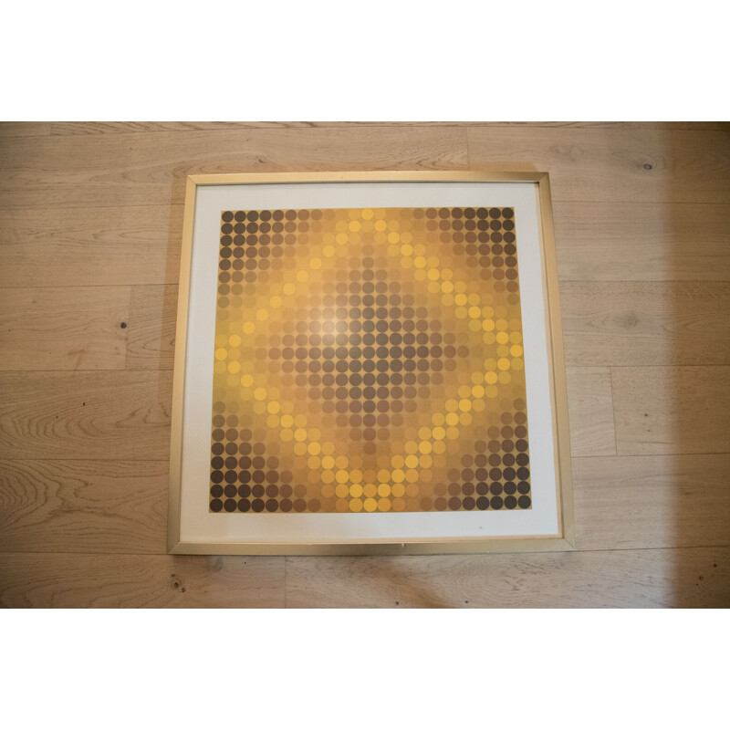 Vintage silkscreen in golden aluminium and glass by Victor Vasarely