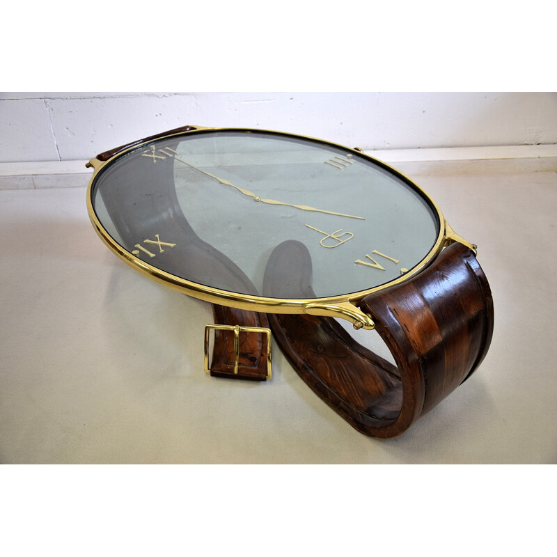 Vintage Wristwatch Brass, Pine and Glass Coffee Table by Artigiani, Italy, 1950s