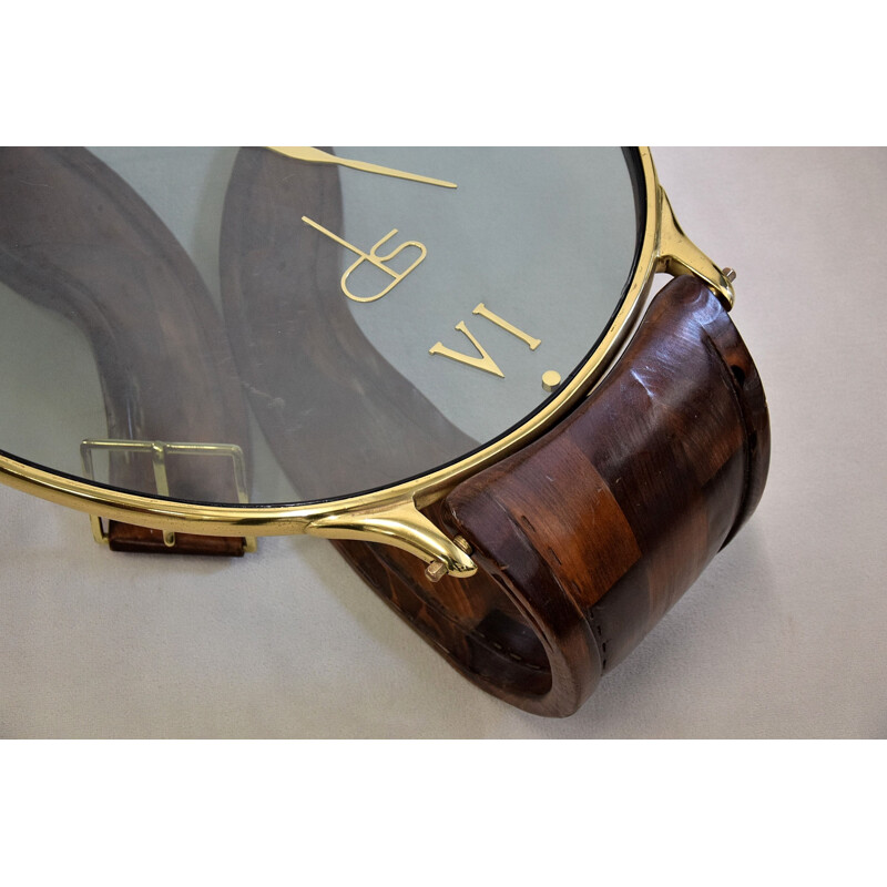 Vintage Wristwatch Brass, Pine and Glass Coffee Table by Artigiani, Italy, 1950s
