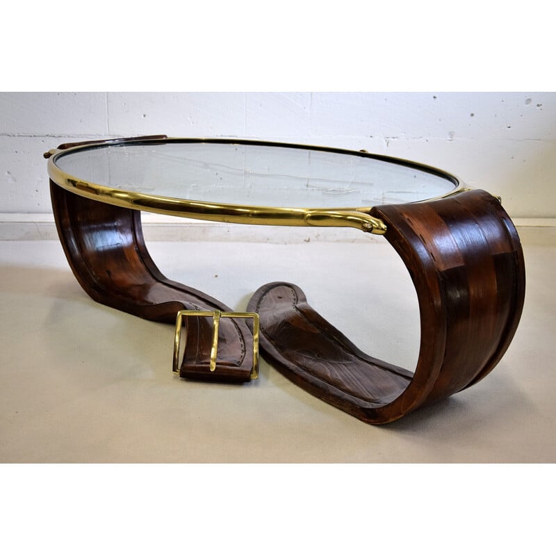 Vintage Wristwatch Brass, Pine and Glass Coffee Table by Artigiani, Italy, 1950s