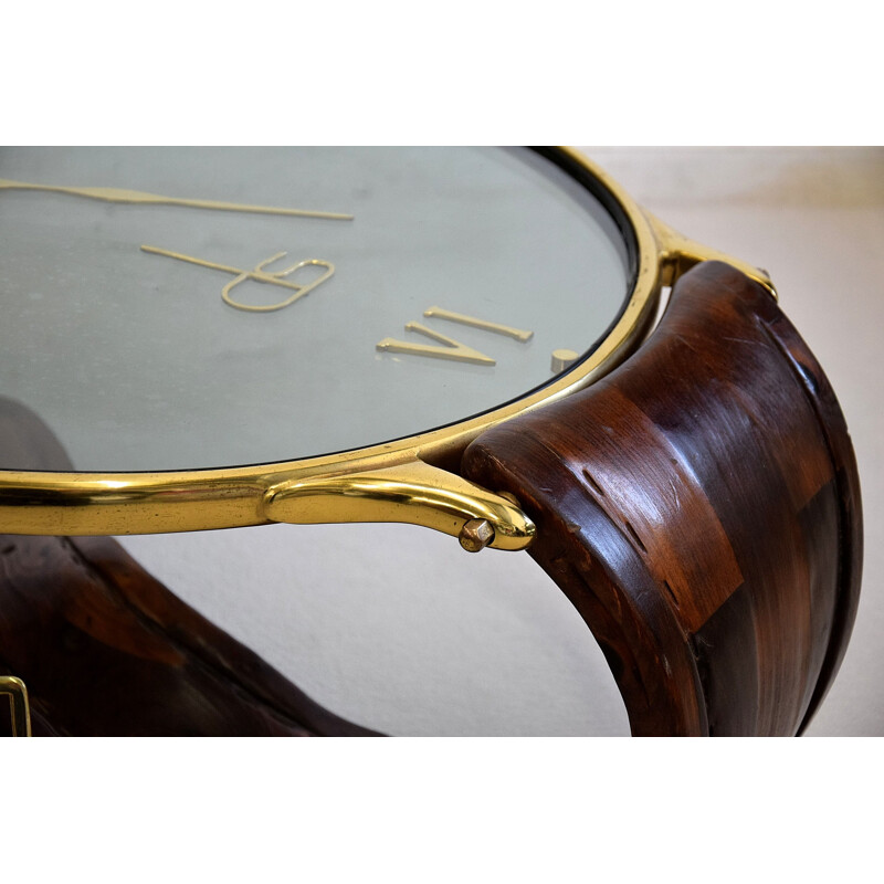 Vintage Wristwatch Brass, Pine and Glass Coffee Table by Artigiani, Italy, 1950s