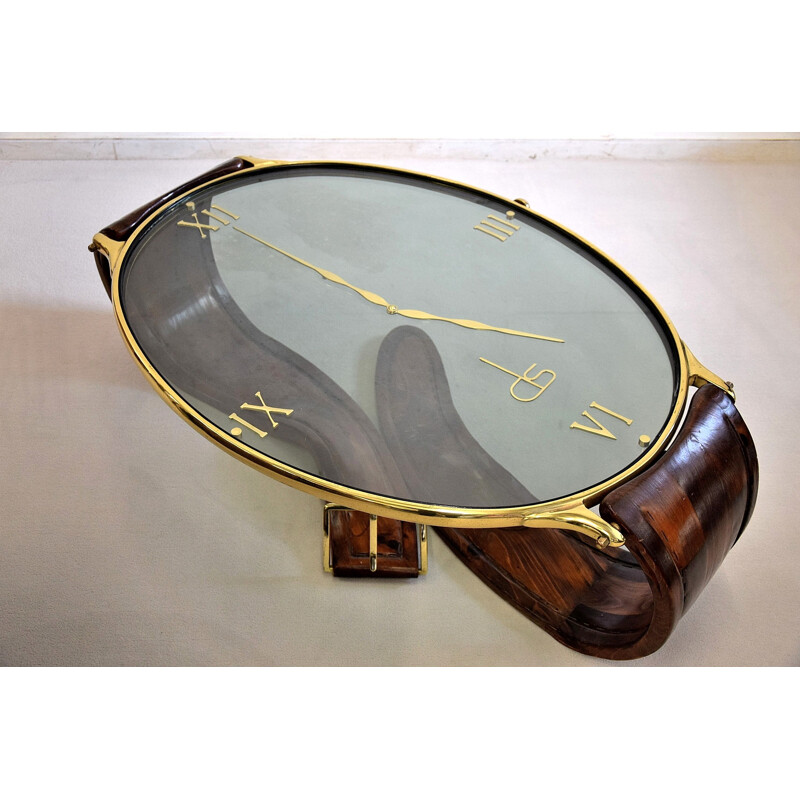 Vintage Wristwatch Brass, Pine and Glass Coffee Table by Artigiani, Italy, 1950s