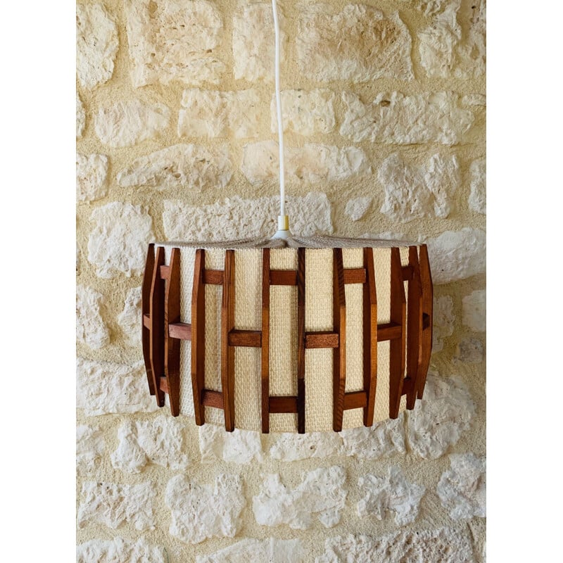 Vintage Scandinavian teak and jute hanging lamp, 1960-70s