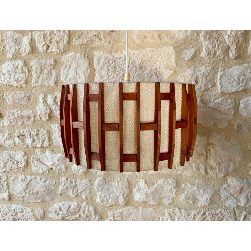 Vintage Scandinavian teak and jute hanging lamp, 1960-70s