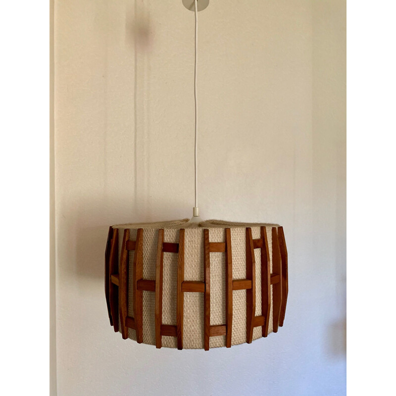 Vintage Scandinavian teak and jute hanging lamp, 1960-70s