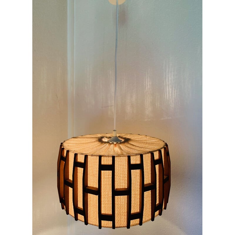 Vintage Scandinavian teak and jute hanging lamp, 1960-70s