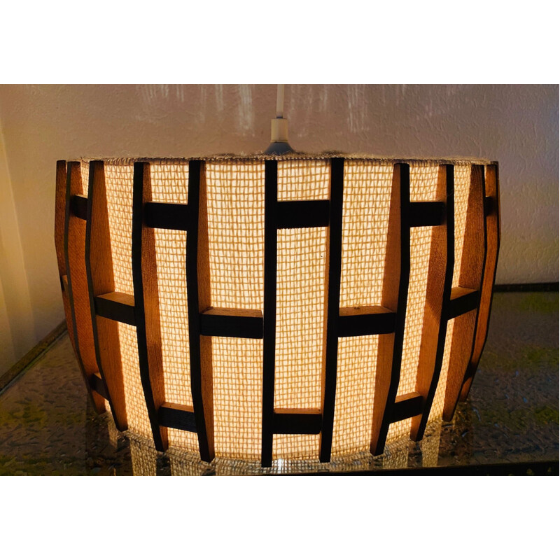 Vintage Scandinavian teak and jute hanging lamp, 1960-70s