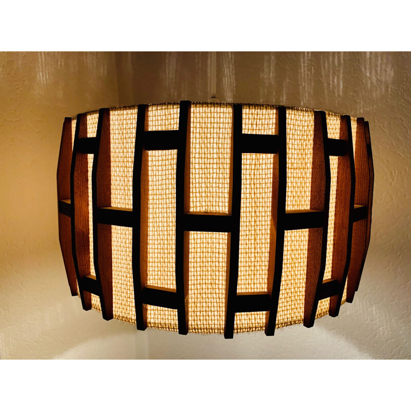 Vintage Scandinavian teak and jute hanging lamp, 1960-70s