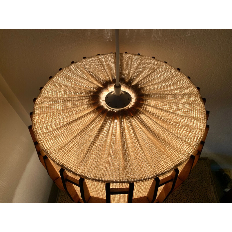 Vintage Scandinavian teak and jute hanging lamp, 1960-70s