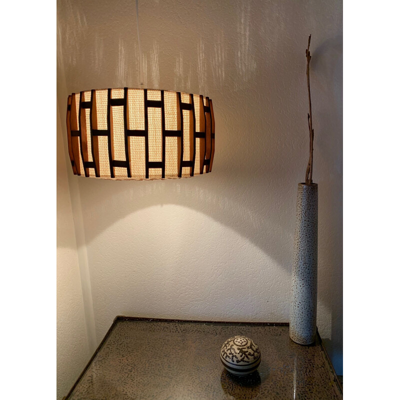 Vintage Scandinavian teak and jute hanging lamp, 1960-70s