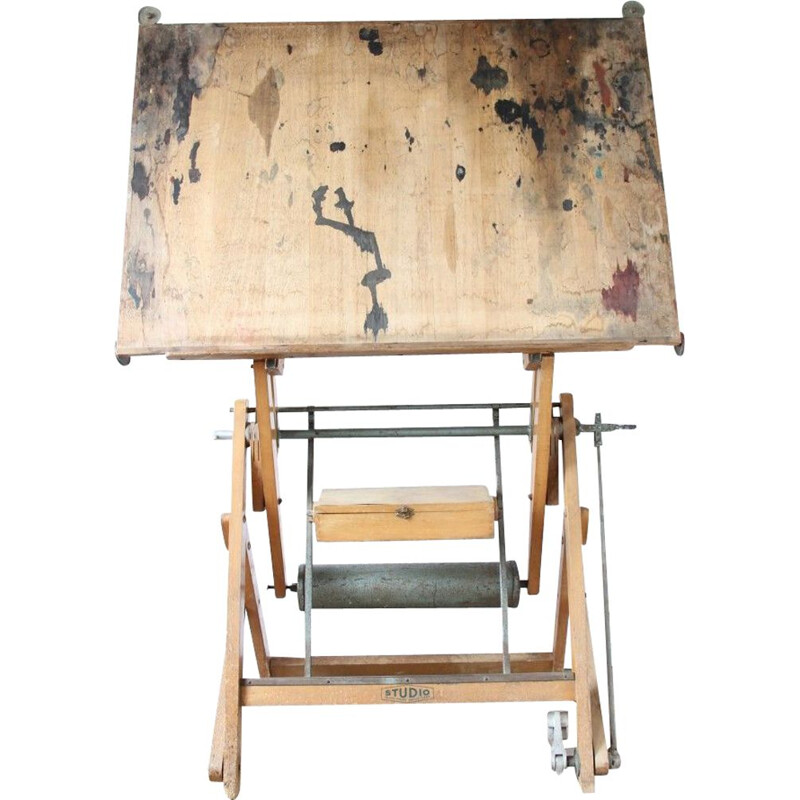 Vintage industrial drawing table in metal and wood, 1960s