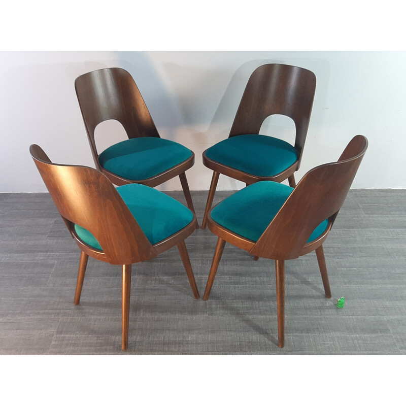 Set of 4 vintage chairs in Walnut and Blue Fabric, model 515 by TON, 1955