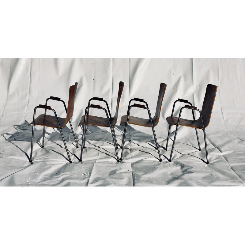 Set of 4 vintage teak and chromed metal chairs