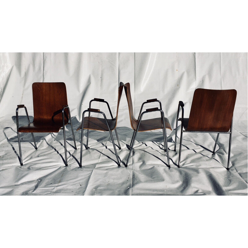 Set of 4 vintage teak and chromed metal chairs