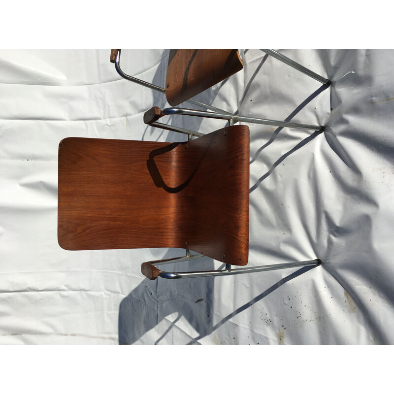 Set of 4 vintage teak and chromed metal chairs