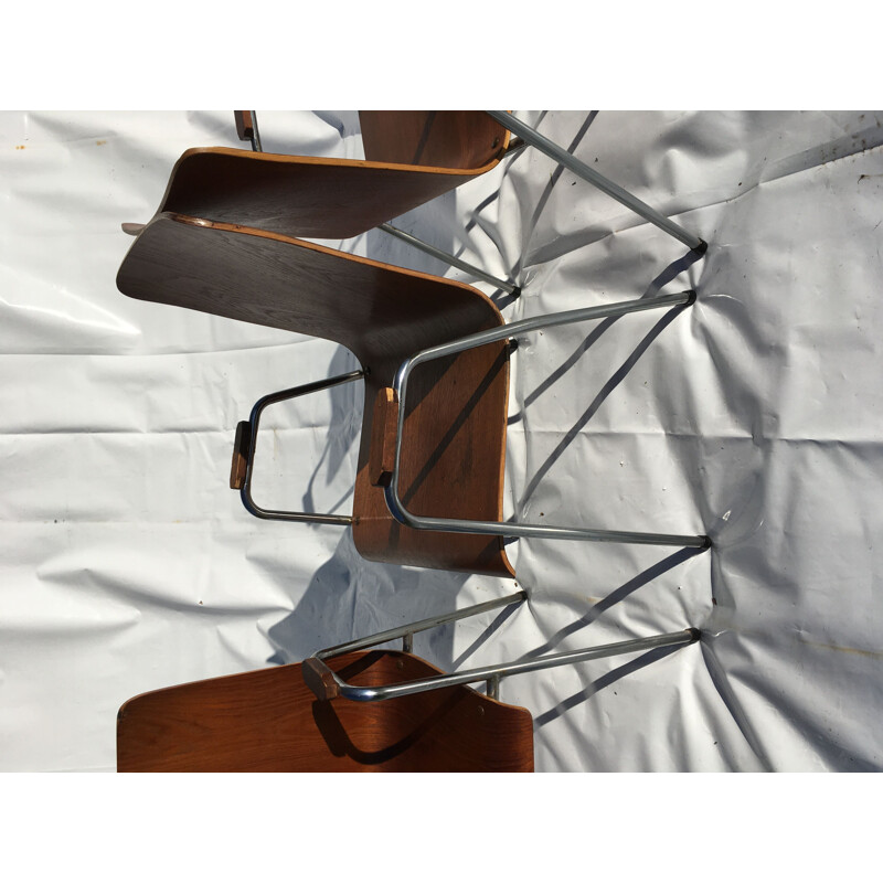 Set of 4 vintage teak and chromed metal chairs