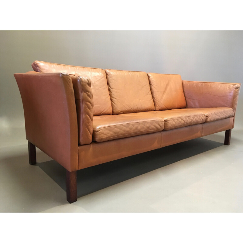 Vintage 3-seater sofa in leather and teak