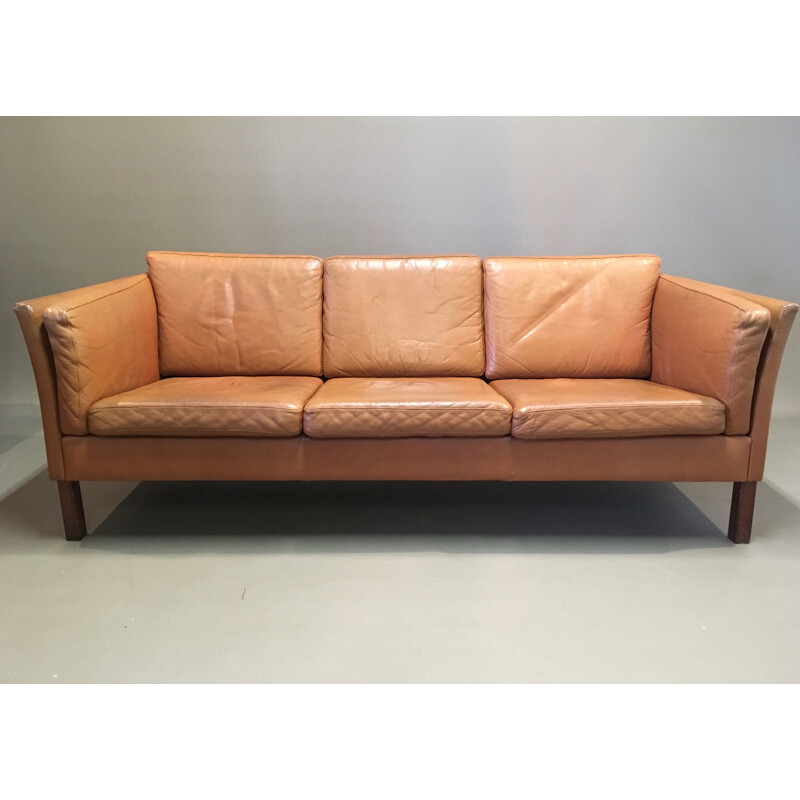 Vintage 3-seater sofa in leather and teak