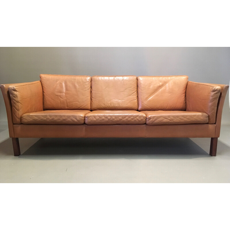 Vintage 3-seater sofa in leather and teak