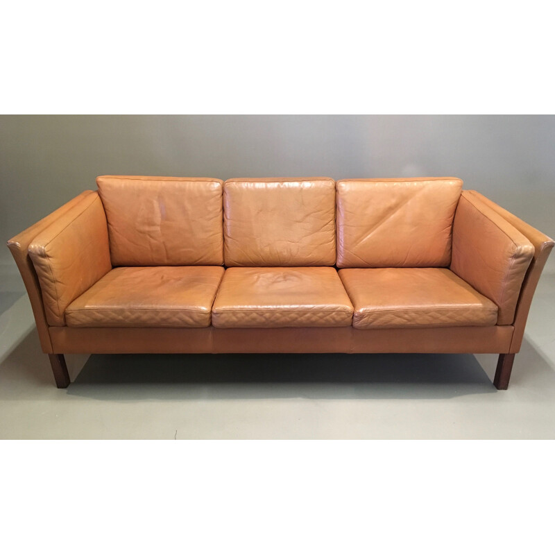 Vintage 3-seater sofa in leather and teak