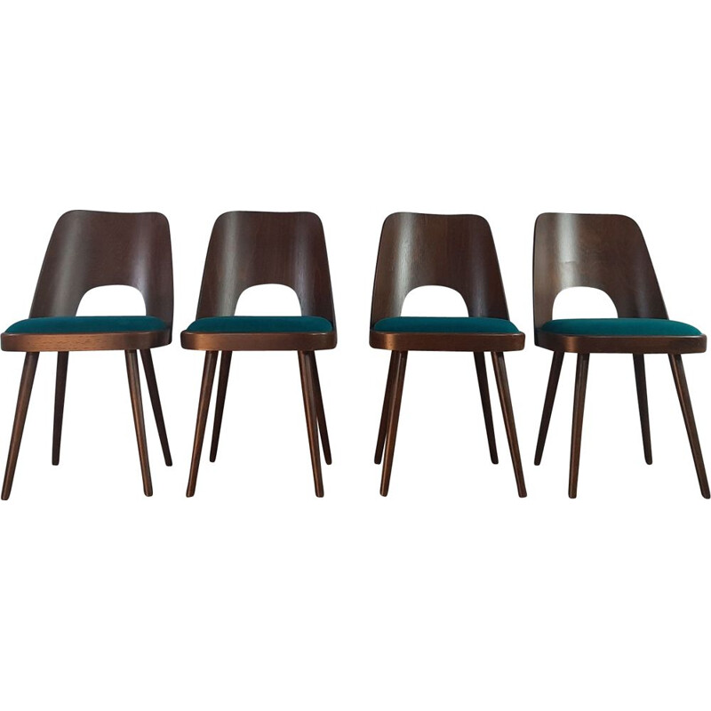 Set of 4 vintage chairs in Walnut and Blue Fabric, model 515 by TON, 1955