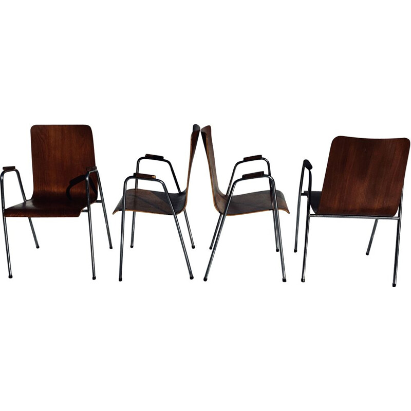 Set of 4 vintage teak and chromed metal chairs