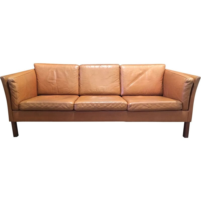 Vintage 3-seater sofa in leather and teak