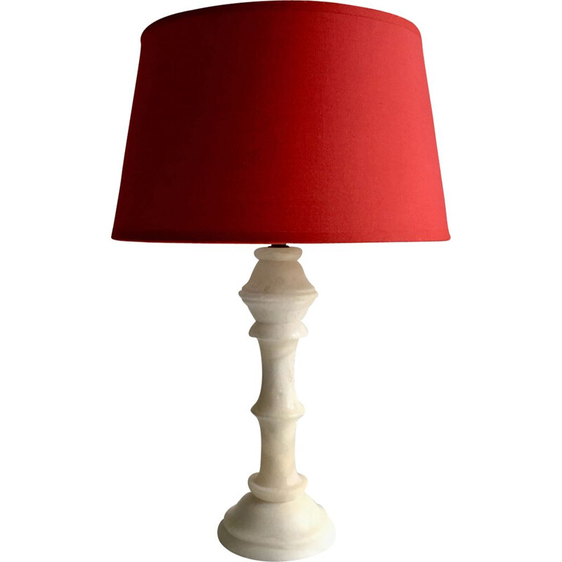 Lampe vintage en albâtre et tissu rouge