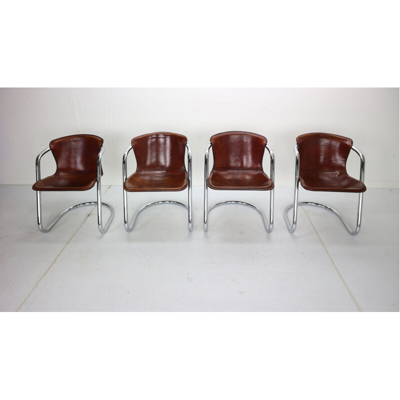 Lot de 4 chaises vintage en cuir pour Cidue, Italie 1970
