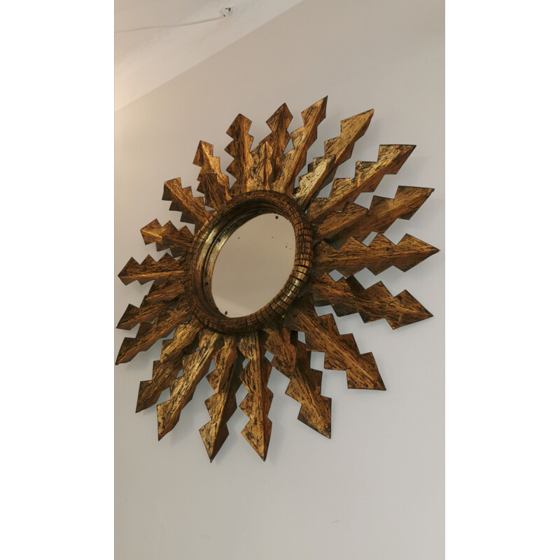 Large carved gilt metal sun mirror, 1950