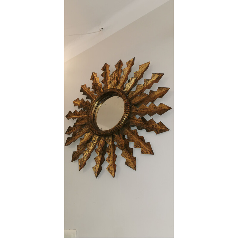 Large carved gilt metal sun mirror, 1950