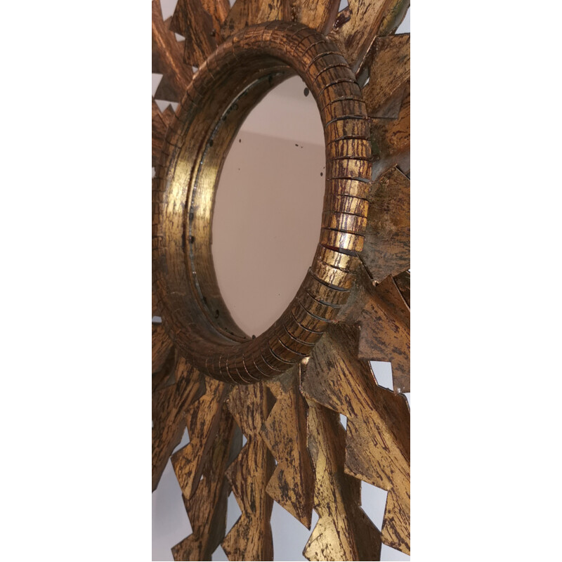 Large carved gilt metal sun mirror, 1950