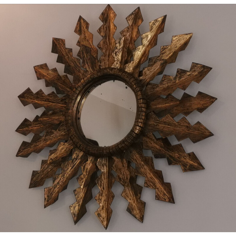Large carved gilt metal sun mirror, 1950