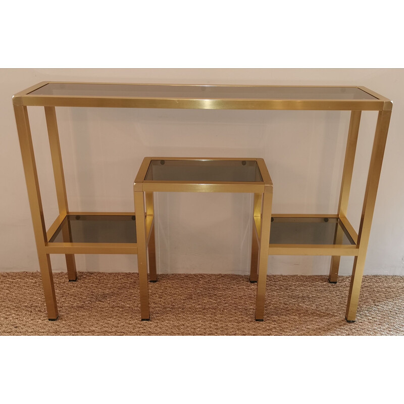 Vintage console in gold metal and glass, 1980