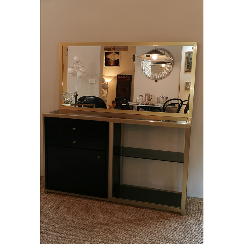Vintage set with console and mirror, black and gold Italian style, 1980