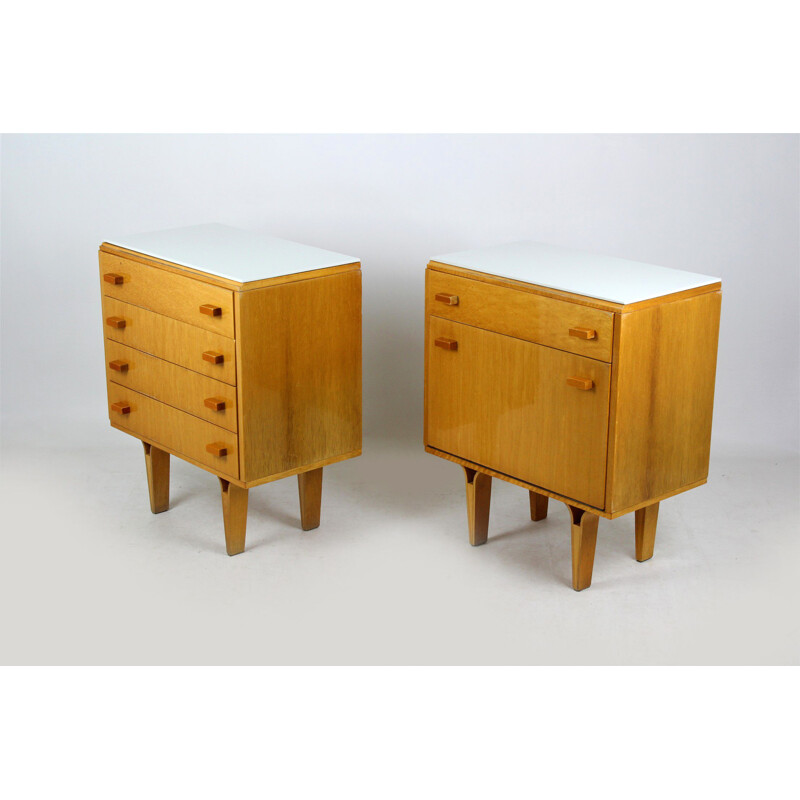 Set of 2 vintage White Glass and Plywood Nightstands from Novy Domov NP, 1970s