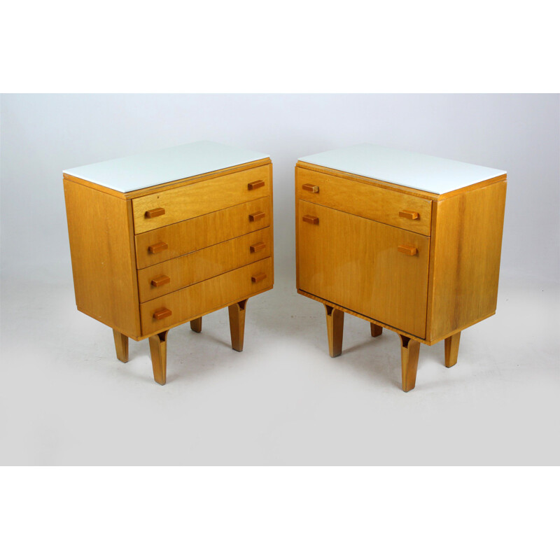 Set of 2 vintage White Glass and Plywood Nightstands from Novy Domov NP, 1970s