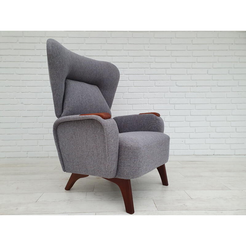 Vintage grey blue fabric and teak armchair, 1960s